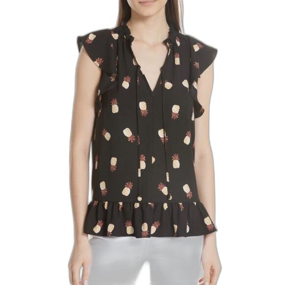 Kate Spade NY Black Yellow Pineapple Print V-Neck Ruffle Hem Blouse Size XXS - Picture 1 of 13